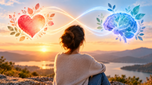Mujer joven en actitud contemplativa mirando un sol naciente. En el horizonte se dibujan un corazón y un cerebro. 